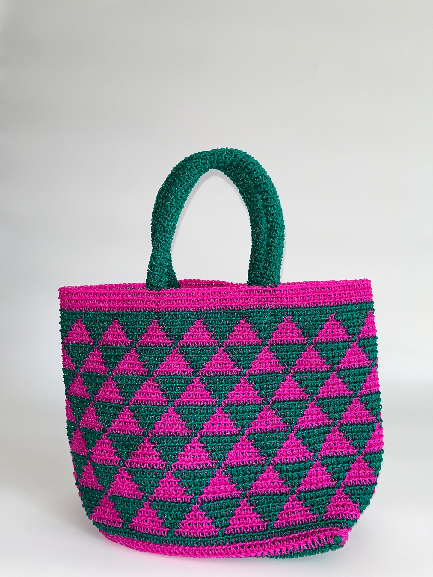 N°20SC - SAC CROCHET TRIANGLE S - PETIT - turquoise & rose fluo