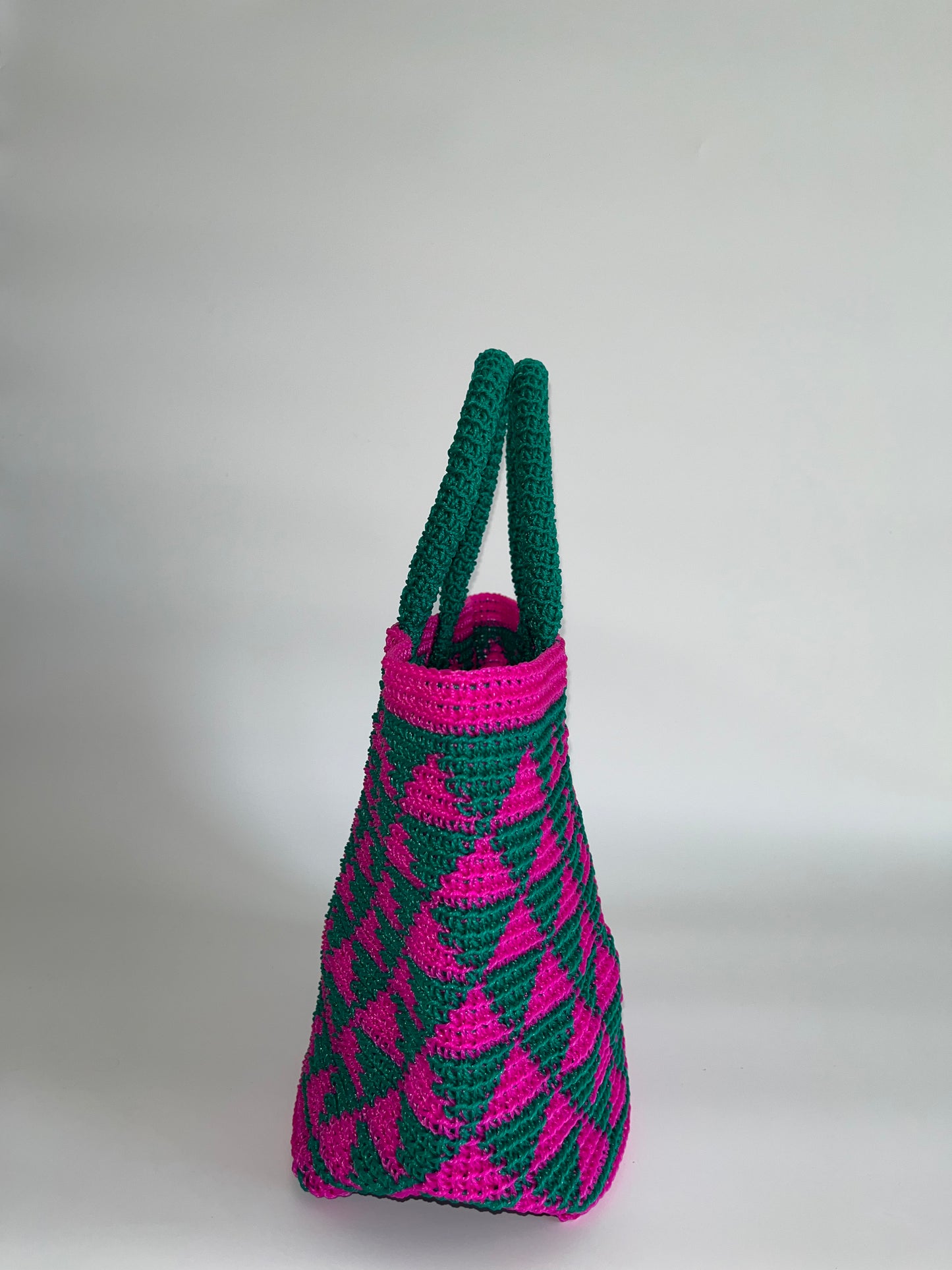 N°20SC - SAC CROCHET TRIANGLE S - PETIT - turquoise & rose fluo