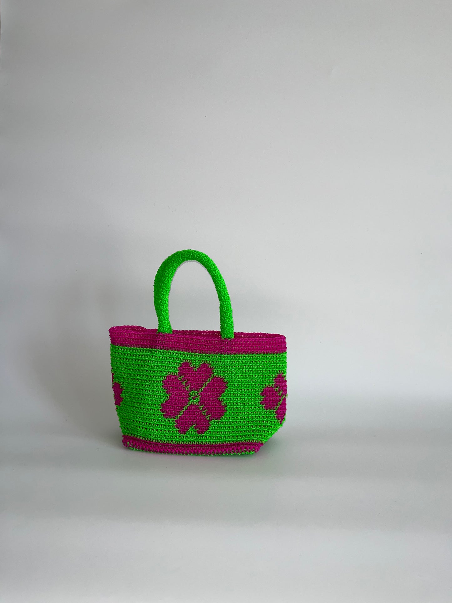 N°23SC - SAC CROCHET FLEUR XS - MINI - vert fluo & rose fluo