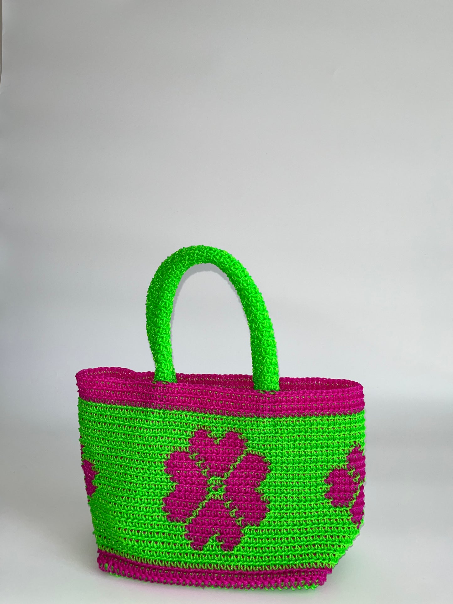 N°23SC - SAC CROCHET FLEUR XS - MINI - vert fluo & rose fluo