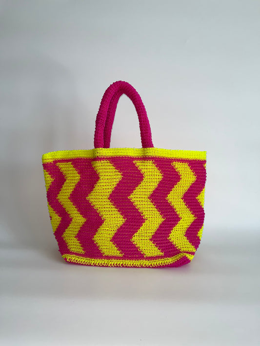 N°24SC - SAC CROCHET ZIGZAG L - GRAND - rose fluo & jaune fluo