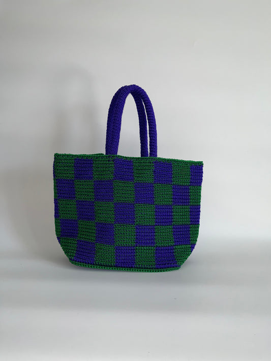 N°25SC - SAC CROCHET DAMIER L - GRAND - VIOLET & VERT