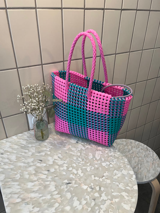 N°17S - SAC COLORÉ - PETIT - rose clair & turquoise