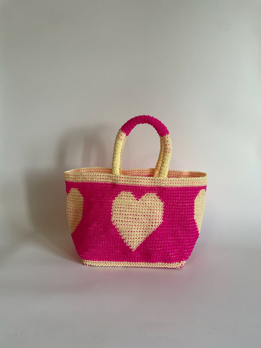 N°27SC - SAC CROCHET COEUR S - PETIT - rose fluo & crème