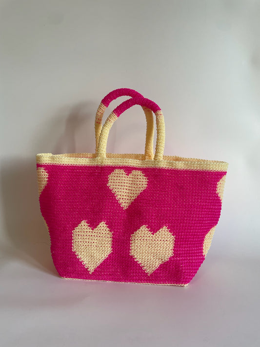 N°27SC - SAC CROCHET COEUR L - GRAND - rose fluo & crème