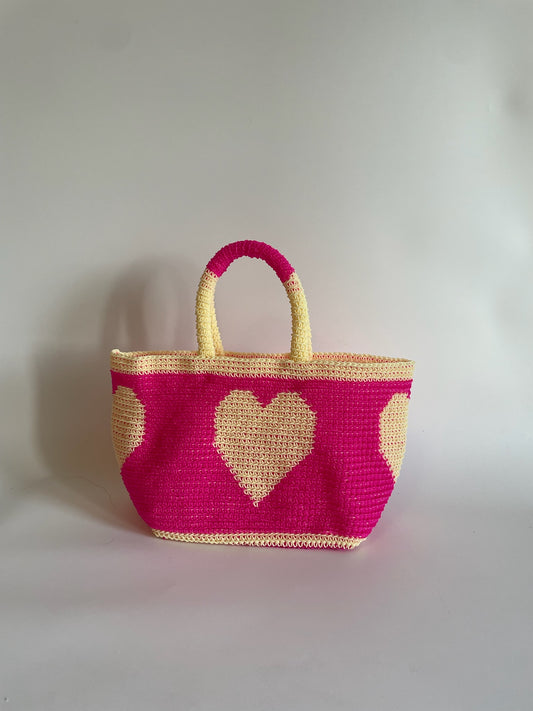 N°27SC - SAC CROCHET COEUR M - MOYEN - rose fluo & crème