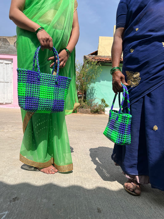 N°49S - SAC COLORÉ - PETIT - vert fluo & bleu foncé