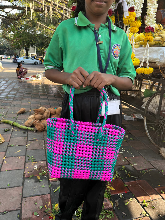 N°115S - SAC COLORÉ - PETIT - rose fluo & vert foncé