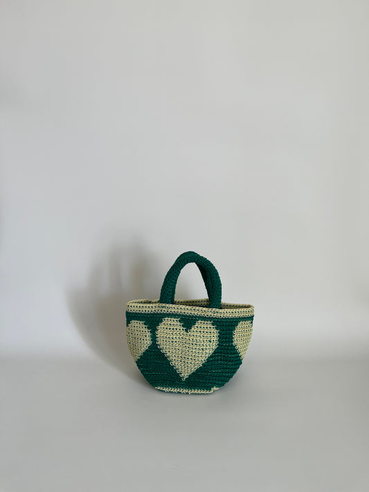 N°12SC - SAC CROCHET COEUR XS - MINI - vert foncé & écru