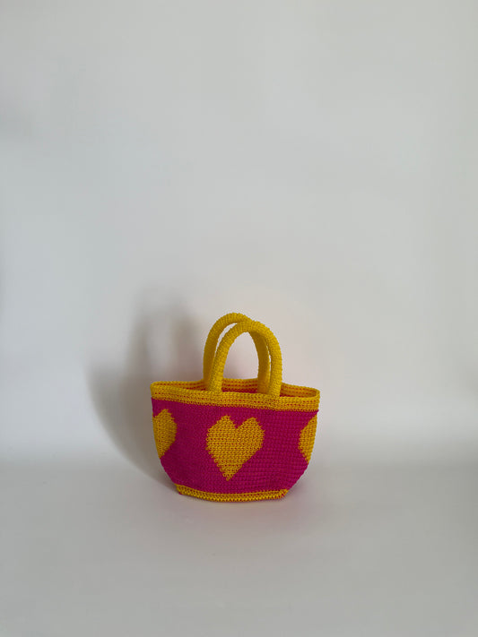 N°14SC - SAC CROCHET COEUR XS - MINI - rose fluo & jaune