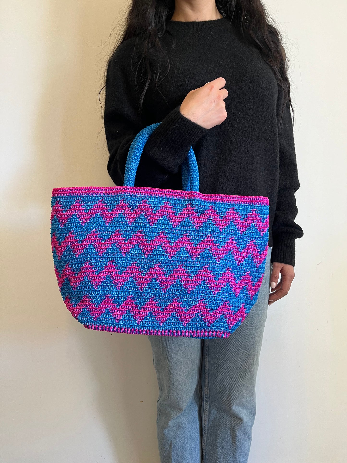 N°9SC - SAC CROCHET ZIGZAG L - GRAND - rose fluo & bleu clair