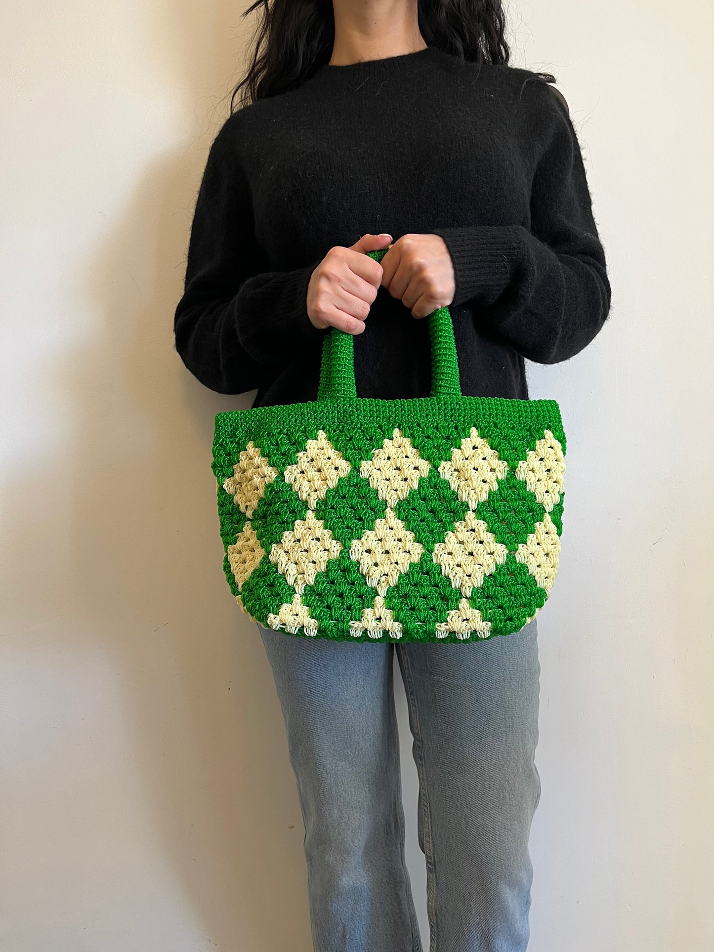 N°5SC - SAC CROCHET LOSANGE S - PETIT - vert & écru